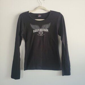 Harley Davidson Women's Baby Tee Small Black Long Sleeve Biker Grunge Alt